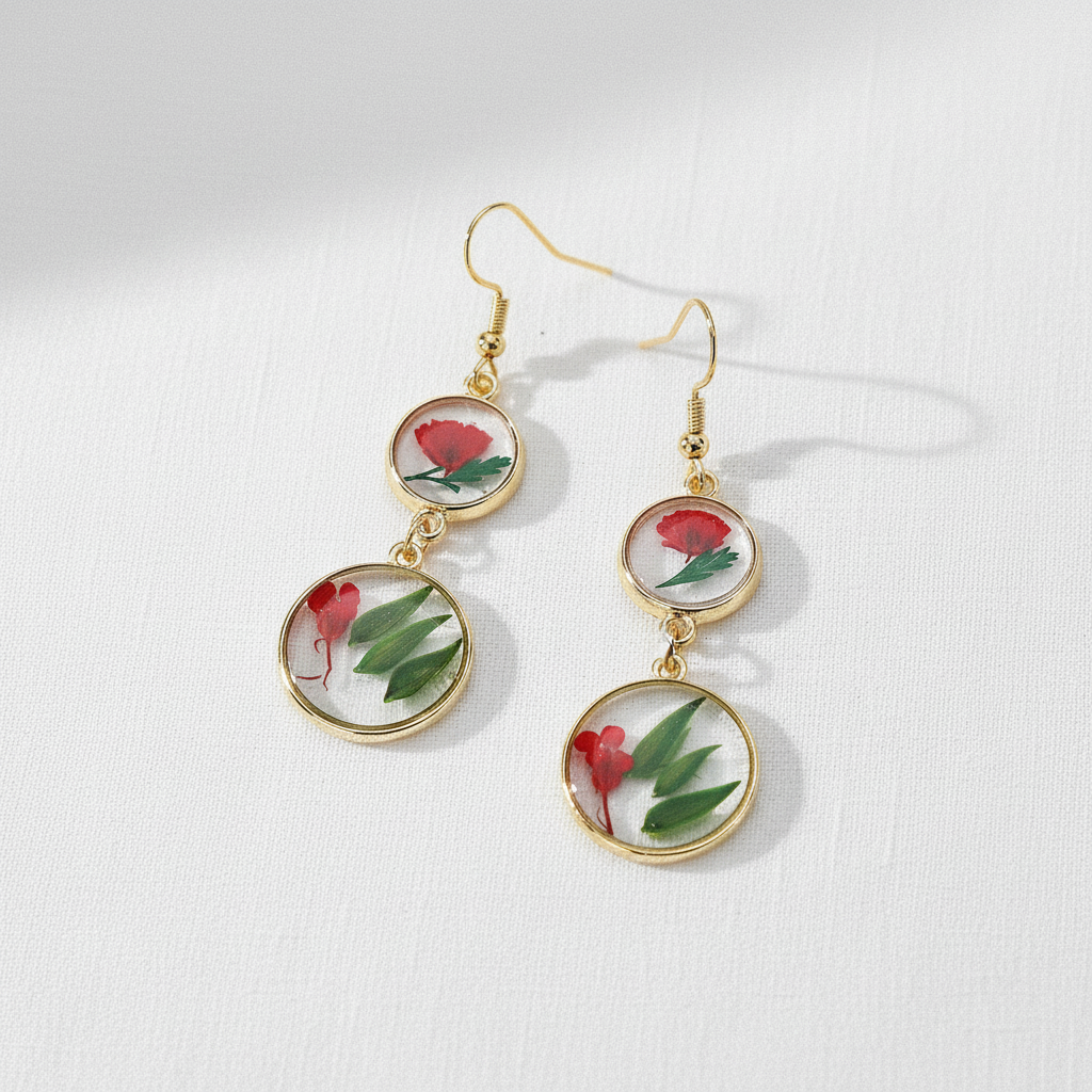 Handcrafted Real Flower Circle Drop Earrings, Botanical Floral Jewelry, Nature Inspired Gift for Her