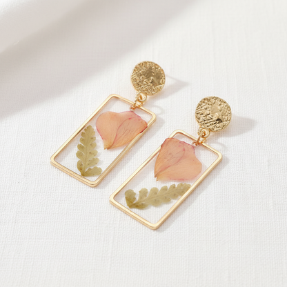 Real Dried Leaf and Flower Earrings, Rectangle Botanical Dangles, Gift for Plant Lovers