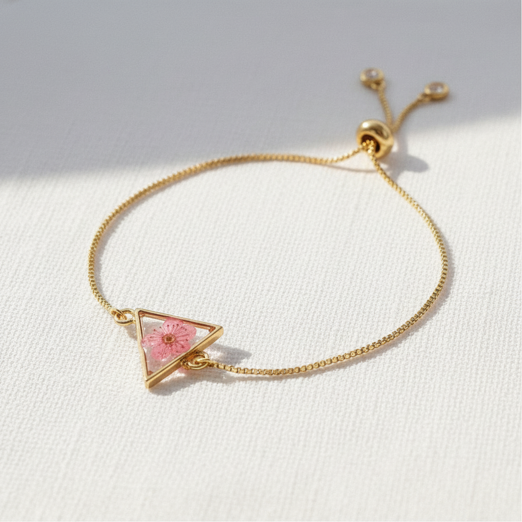 Pink Dried Flower Slider Bracelet, Geometric Botanical Jewelry, Preserved Floral Adjustable Bracelet