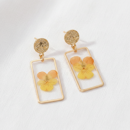 Real Dried Leaf and Flower Earrings, Rectangle Botanical Dangles, Gift for Plant Lovers