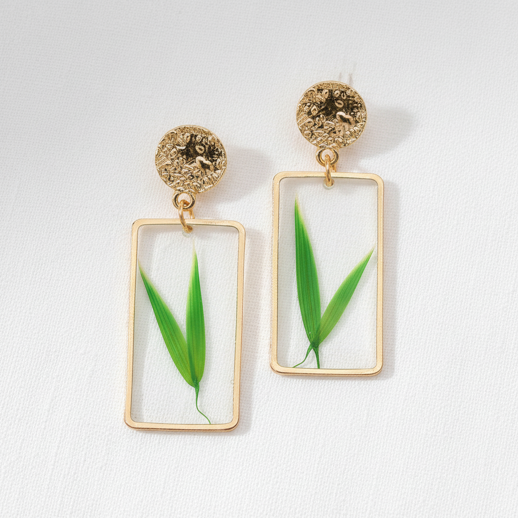 Real Dried Leaf and Flower Earrings, Rectangle Botanical Dangles, Gift for Plant Lovers