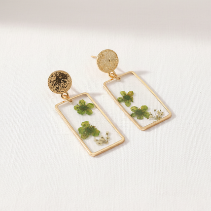 Real Dried Leaf and Flower Earrings, Rectangle Botanical Dangles, Gift for Plant Lovers