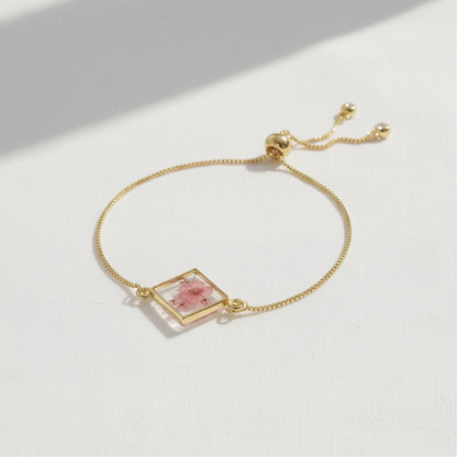 Pink Dried Flower Slider Bracelet, Geometric Botanical Jewelry, Preserved Floral Adjustable Bracelet