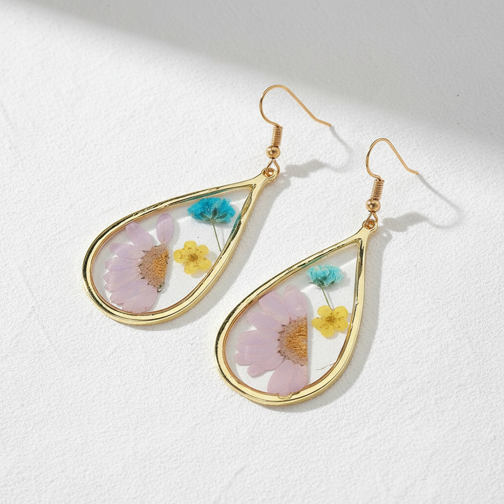 Clear Encased Botanical Geometric Drop Earrings, Real Dried Flower Resin Jewelry, Nature Inspired Gift for Her