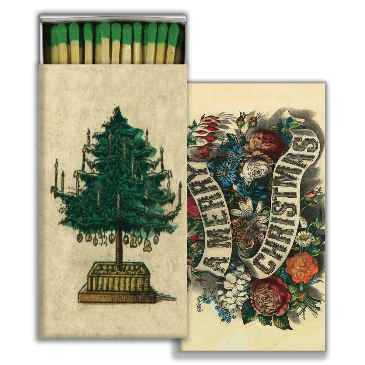 Holiday Tree & “A Merry Christmas” Green Matchbox – 50 Safety Matches
