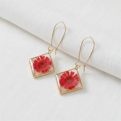 Square Dried Flower Earrings, Colorful Preserved Flower Drops, Botanical Resin Jewelry for Women