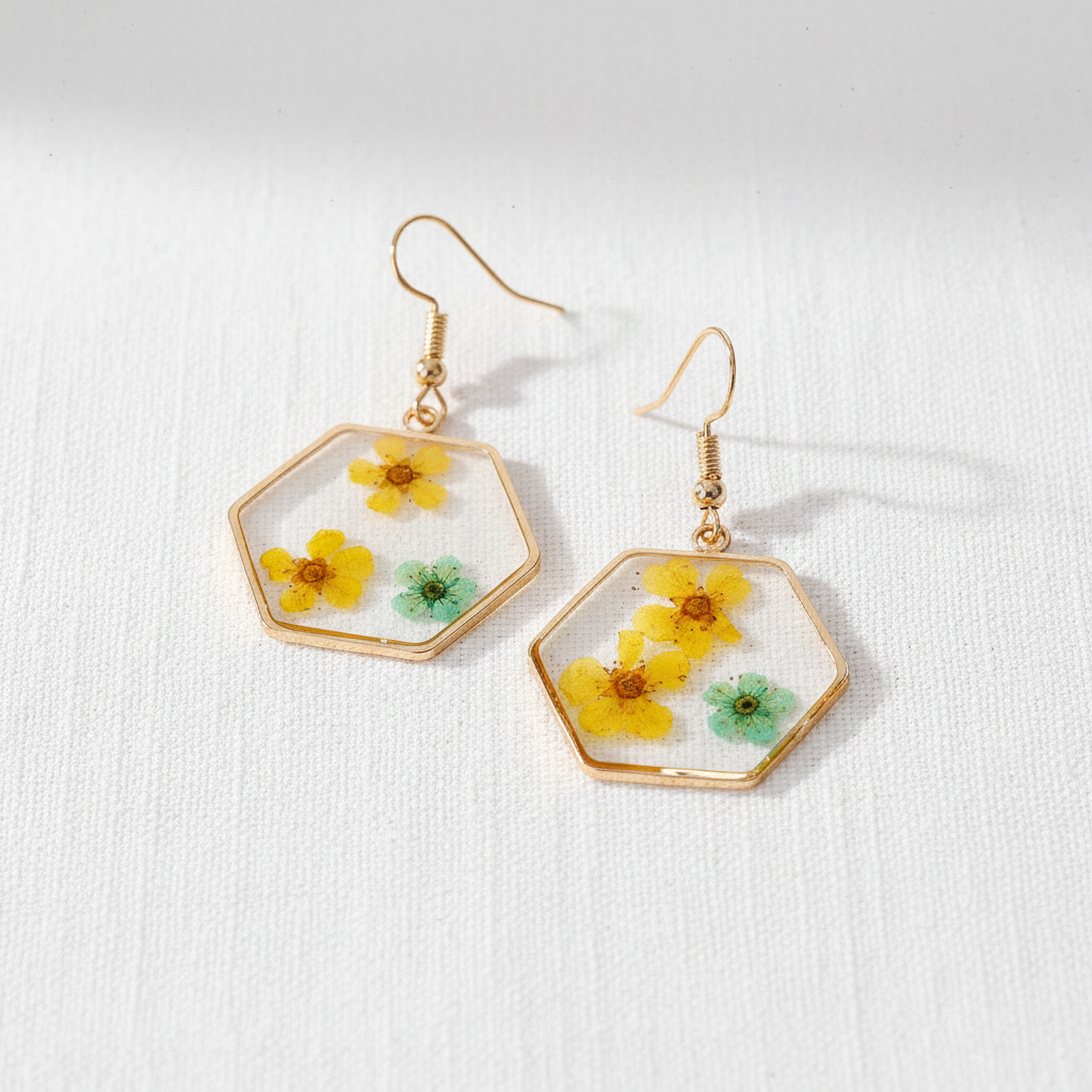 Vibrant Hexagon Natural Flower Drop Earrings, Real Dried Flower Resin Jewelry, Nature Inspired Gift for Her