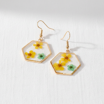 Vibrant Hexagon Natural Flower Drop Earrings, Real Dried Flower Resin Jewelry, Nature Inspired Gift for Her