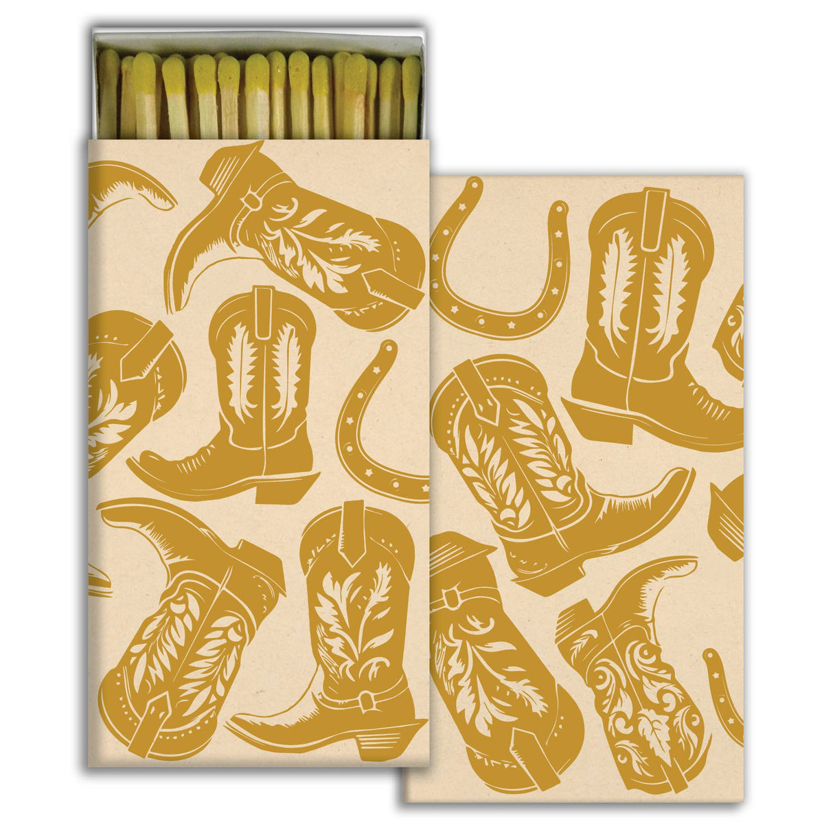 Kickin’ Boots Gold Foil Matchbox – Western Decorative Safety Matches