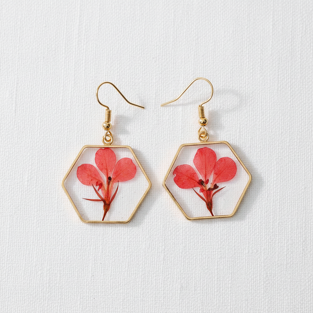 Vibrant Hexagon Natural Flower Drop Earrings, Real Dried Flower Resin Jewelry, Nature Inspired Gift for Her