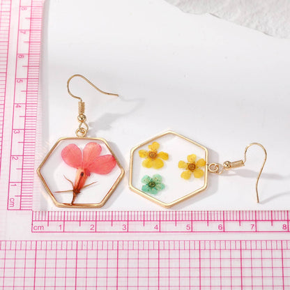 Vibrant Hexagon Natural Flower Drop Earrings, Real Dried Flower Resin Jewelry, Nature Inspired Gift for Her