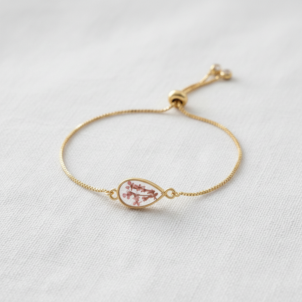 Pink Dried Flower Slider Bracelet, Geometric Botanical Jewelry, Preserved Floral Adjustable Bracelet