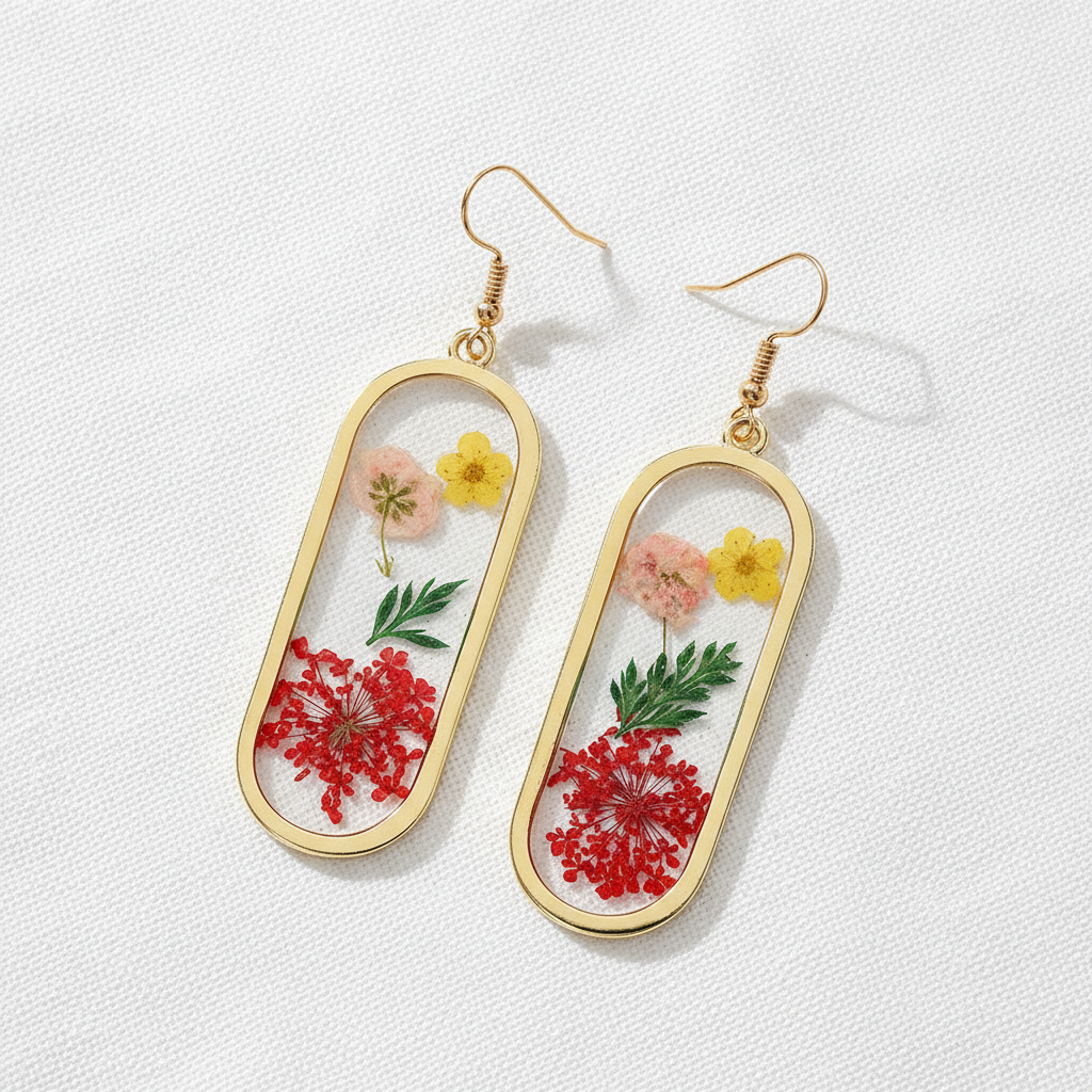 Clear Encased Botanical Geometric Drop Earrings, Real Dried Flower Resin Jewelry, Nature Inspired Gift for Her