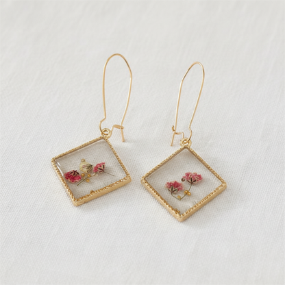 Square Dried Flower Earrings, Colorful Preserved Flower Drops, Botanical Resin Jewelry for Women