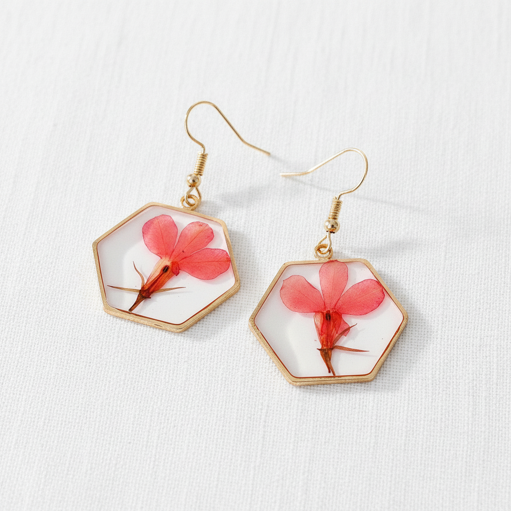 Vibrant Hexagon Natural Flower Drop Earrings, Real Dried Flower Resin Jewelry, Nature Inspired Gift for Her