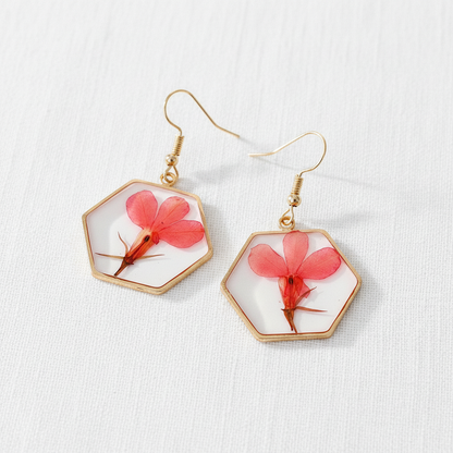Vibrant Hexagon Natural Flower Drop Earrings, Real Dried Flower Resin Jewelry, Nature Inspired Gift for Her