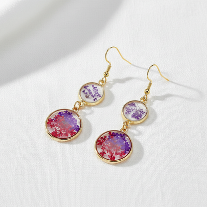Handcrafted Real Flower Circle Drop Earrings, Botanical Floral Jewelry, Nature Inspired Gift for Her