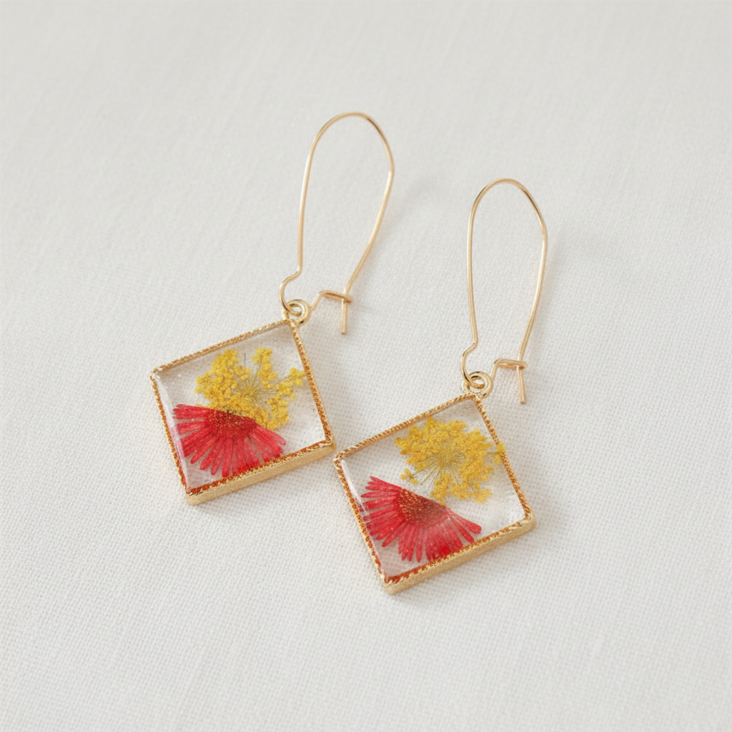 Square Dried Flower Earrings, Colorful Preserved Flower Drops, Botanical Resin Jewelry for Women