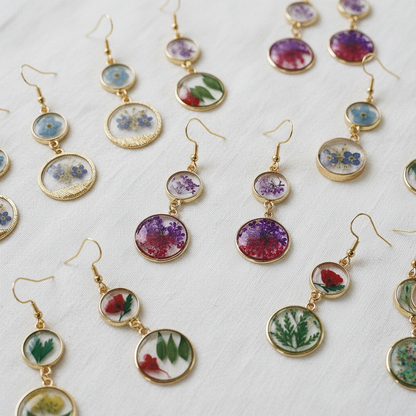 Handcrafted Real Flower Circle Drop Earrings, Botanical Floral Jewelry, Nature Inspired Gift for Her