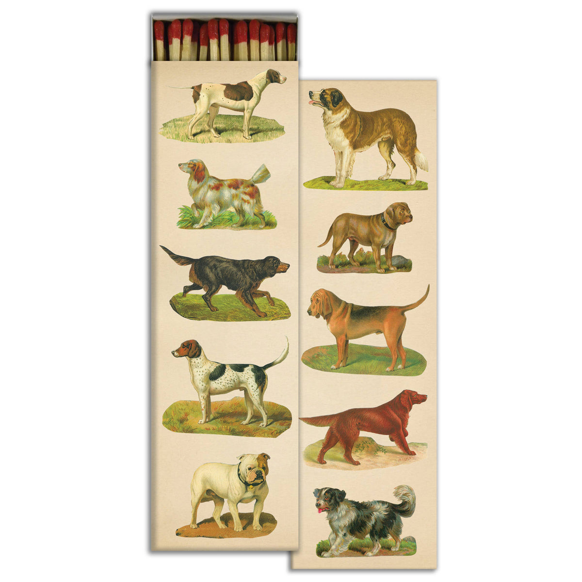 Dog Collage Matchbox – Extra-Long Candle Matches, Vintage Canine Décor, Dog Lover Gift, 8.5 × 2.5 Inches