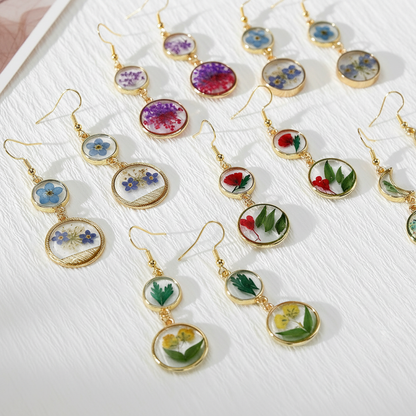 Handcrafted Real Flower Circle Drop Earrings, Botanical Floral Jewelry, Nature Inspired Gift for Her