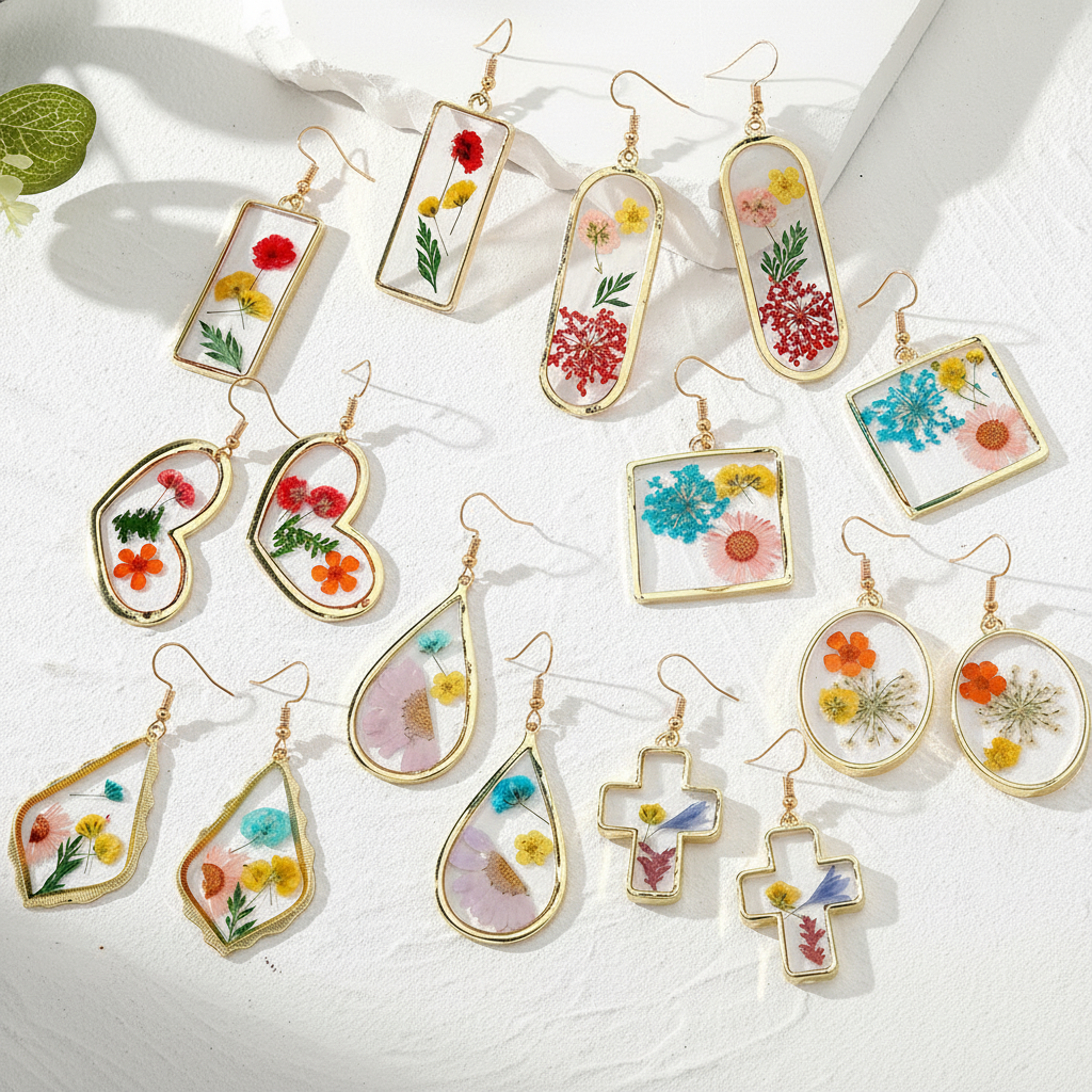 Clear Encased Botanical Geometric Drop Earrings, Real Dried Flower Resin Jewelry, Nature Inspired Gift for Her
