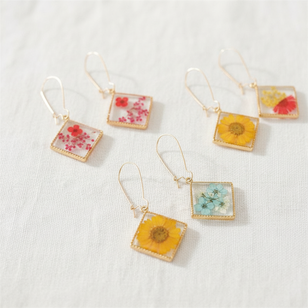Square Dried Flower Earrings, Colorful Preserved Flower Drops, Botanical Resin Jewelry for Women