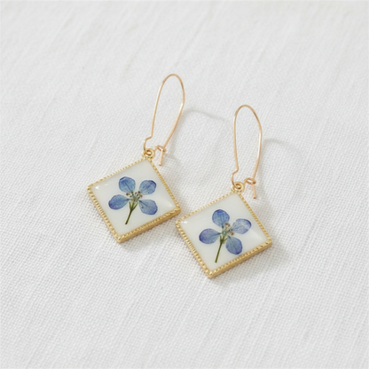 Square Dried Flower Earrings, Colorful Preserved Flower Drops, Botanical Resin Jewelry for Women