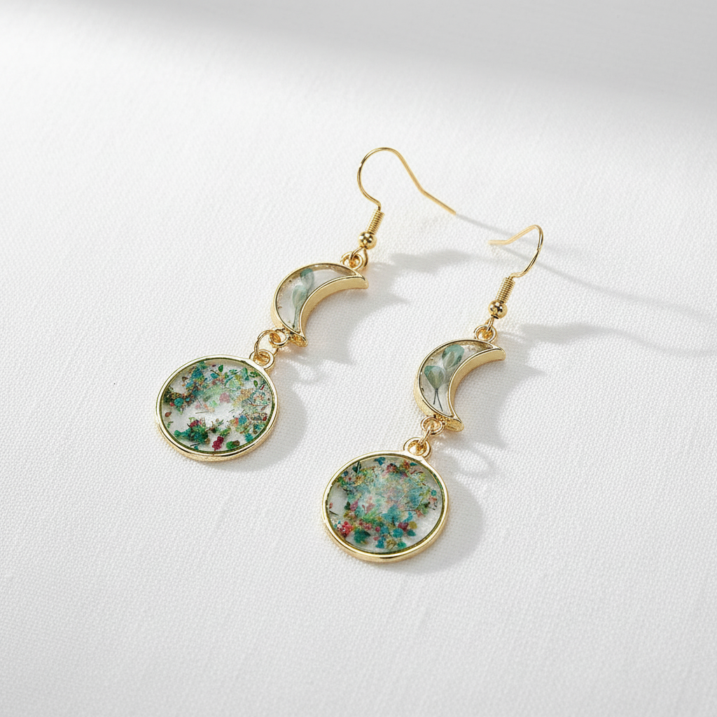 Handcrafted Real Flower Circle Drop Earrings, Botanical Floral Jewelry, Nature Inspired Gift for Her