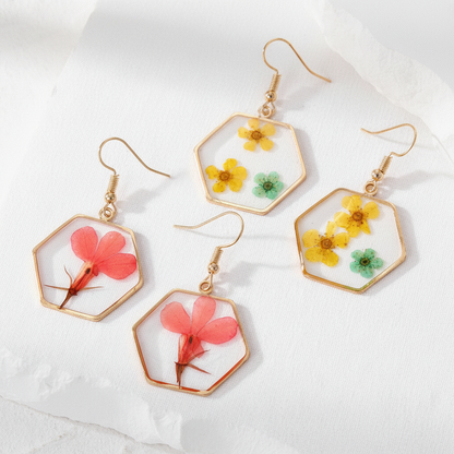 Vibrant Hexagon Natural Flower Drop Earrings, Real Dried Flower Resin Jewelry, Nature Inspired Gift for Her