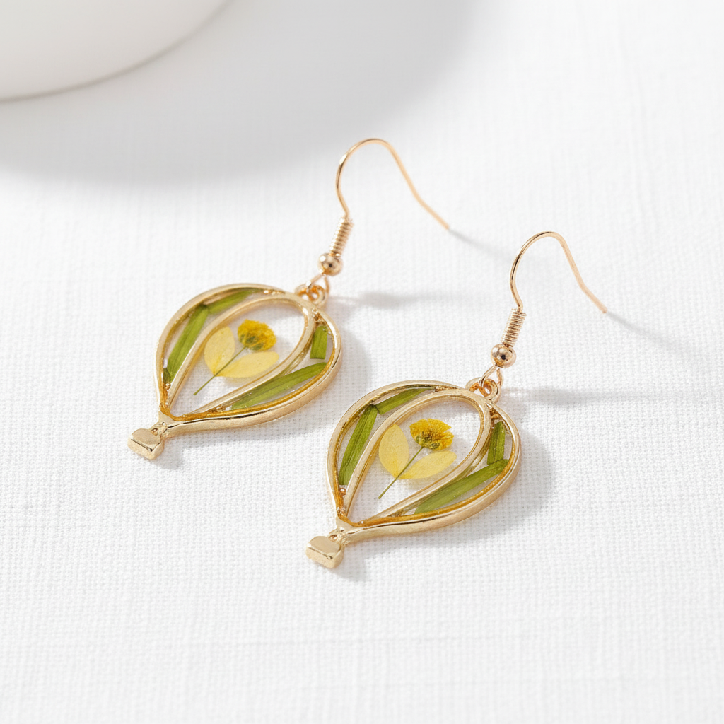 Dried Flower Drop Earrings, Green Botanical Jewelry, Nature Lover Gift for Her