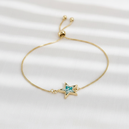 Star and Moon Botanical Slider Bracelet, Dried Flower Jewelry, Adjustable Celestial Nature Bracelet