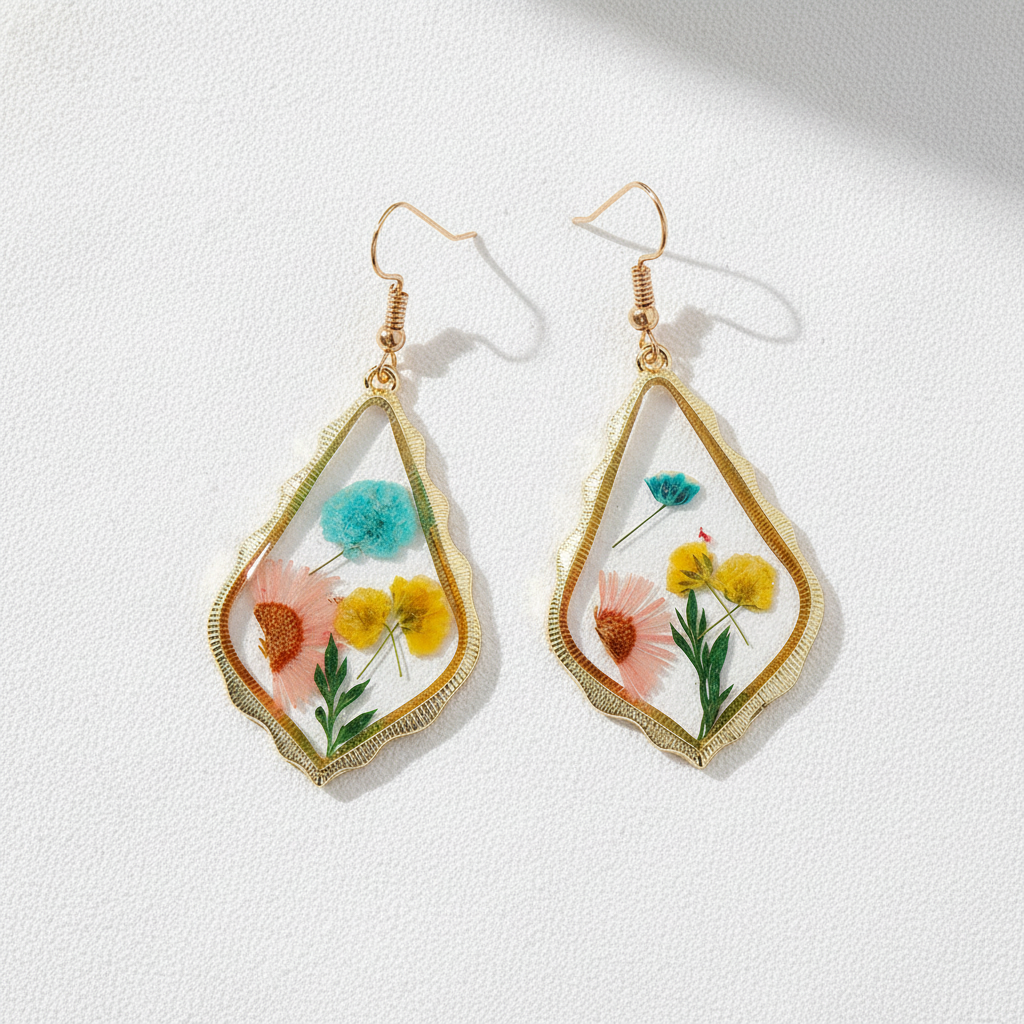 Clear Encased Botanical Geometric Drop Earrings, Real Dried Flower Resin Jewelry, Nature Inspired Gift for Her