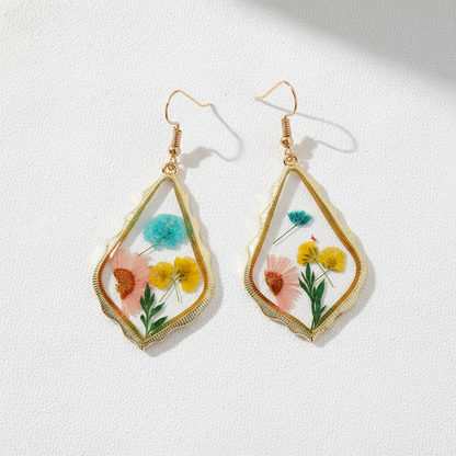 Clear Encased Botanical Geometric Drop Earrings, Real Dried Flower Resin Jewelry, Nature Inspired Gift for Her