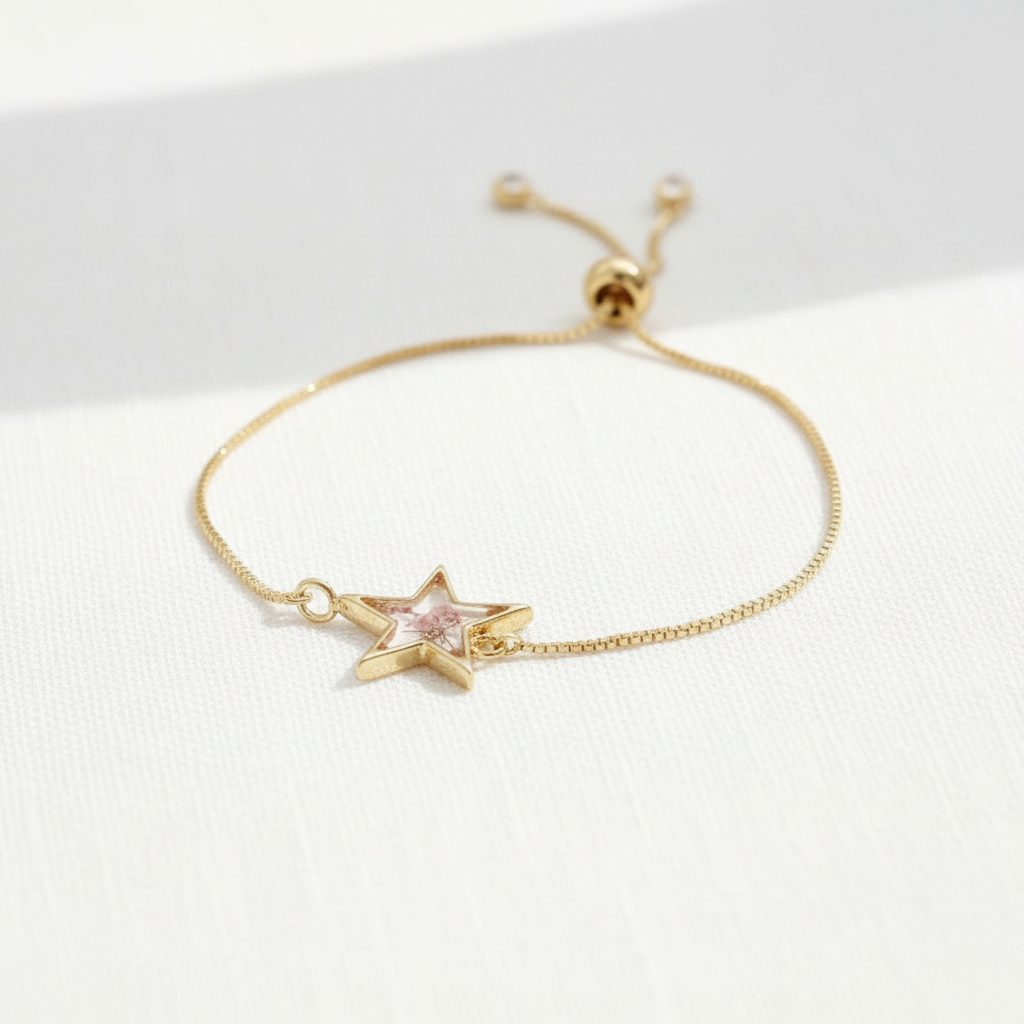 Pink Dried Flower Slider Bracelet, Geometric Botanical Jewelry, Preserved Floral Adjustable Bracelet