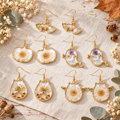 Halloween Botanical Drop Earrings, Spooky Floral Dangle Earrings, Fall Nature Jewelry, Gift for Her