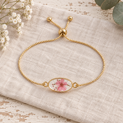 Pink Dried Flower Slider Bracelet, Geometric Botanical Jewelry, Preserved Floral Adjustable Bracelet