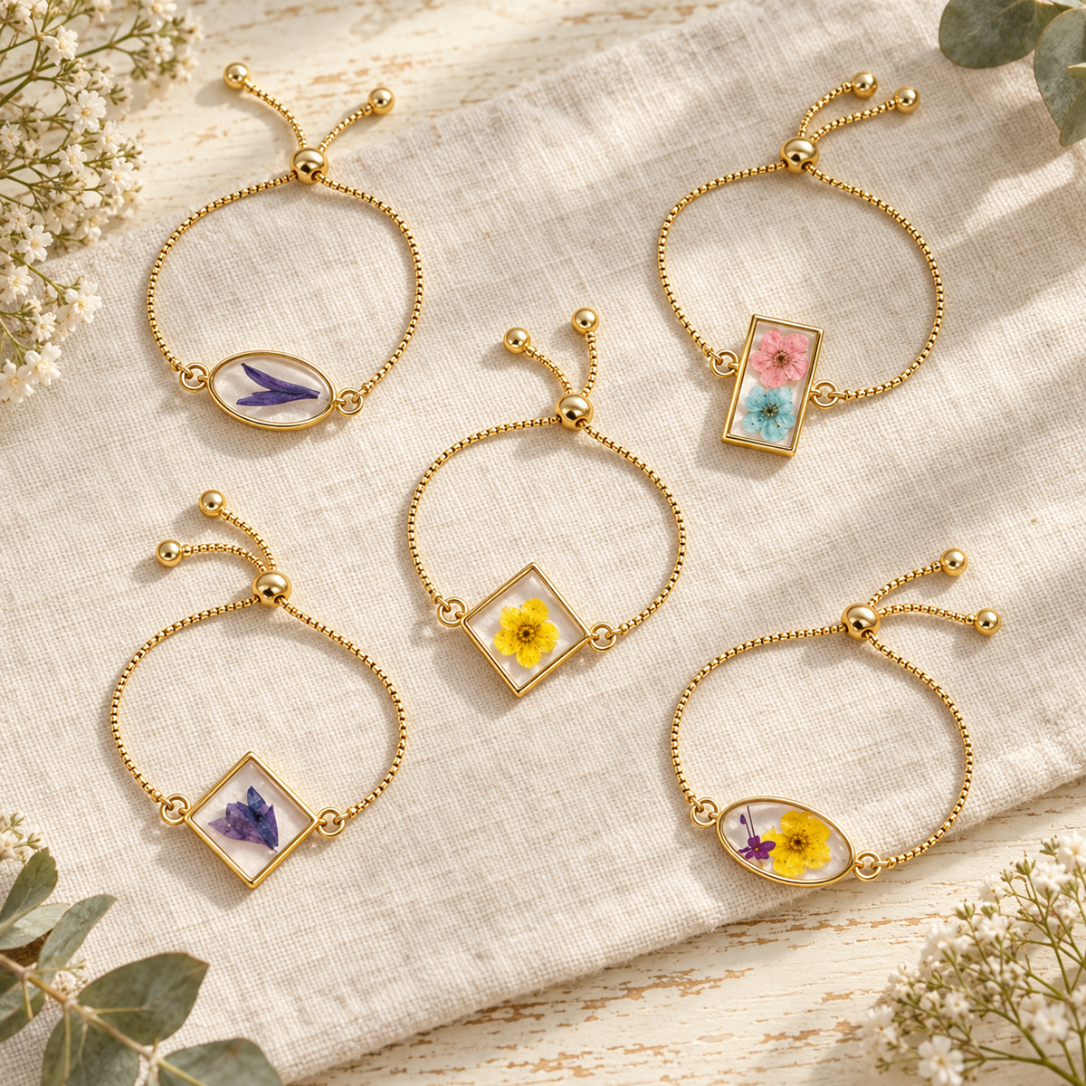 Preserved Geometric Dried Flower Slider Bracelet, Botanical Resin Jewelry, Adjustable Nature Inspired Bracelet, Gift for Her