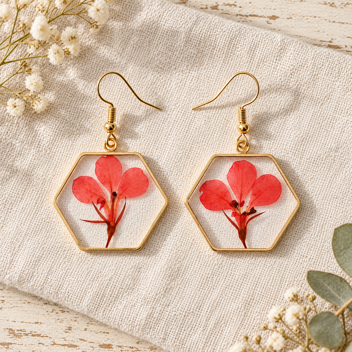 Vibrant Hexagon Natural Flower Drop Earrings, Real Dried Flower Resin Jewelry, Nature Inspired Gift for Her