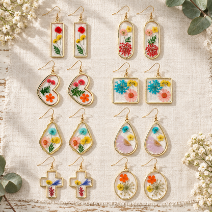Clear Encased Botanical Geometric Drop Earrings, Real Dried Flower Resin Jewelry, Nature Inspired Gift for Her