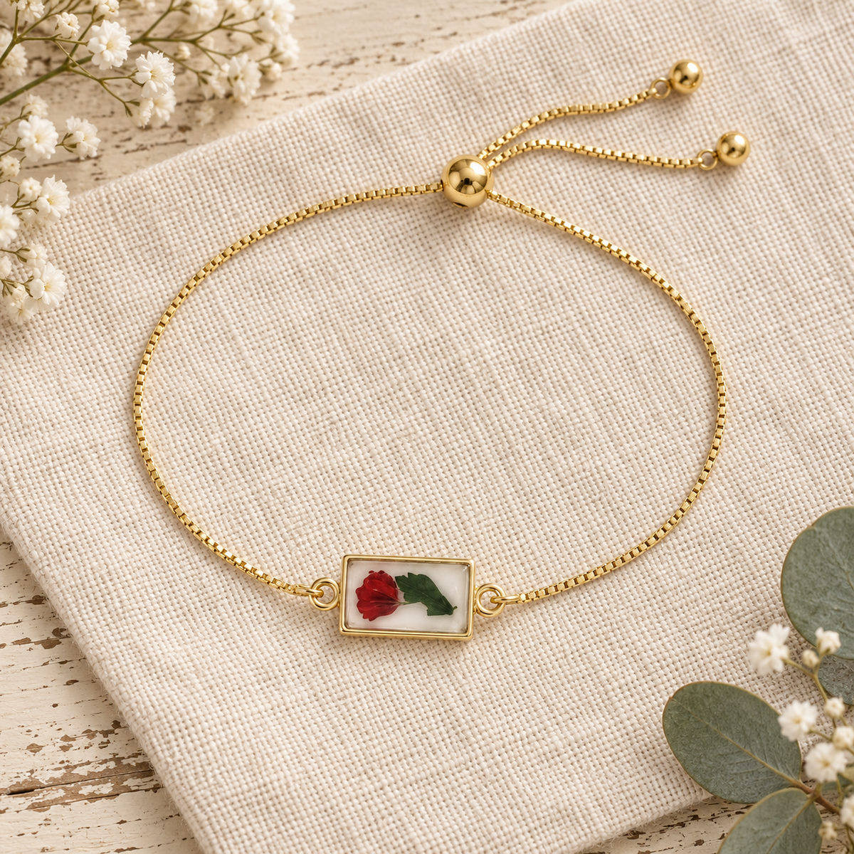 Star and Moon Botanical Slider Bracelet, Dried Flower Jewelry, Adjustable Celestial Nature Bracelet
