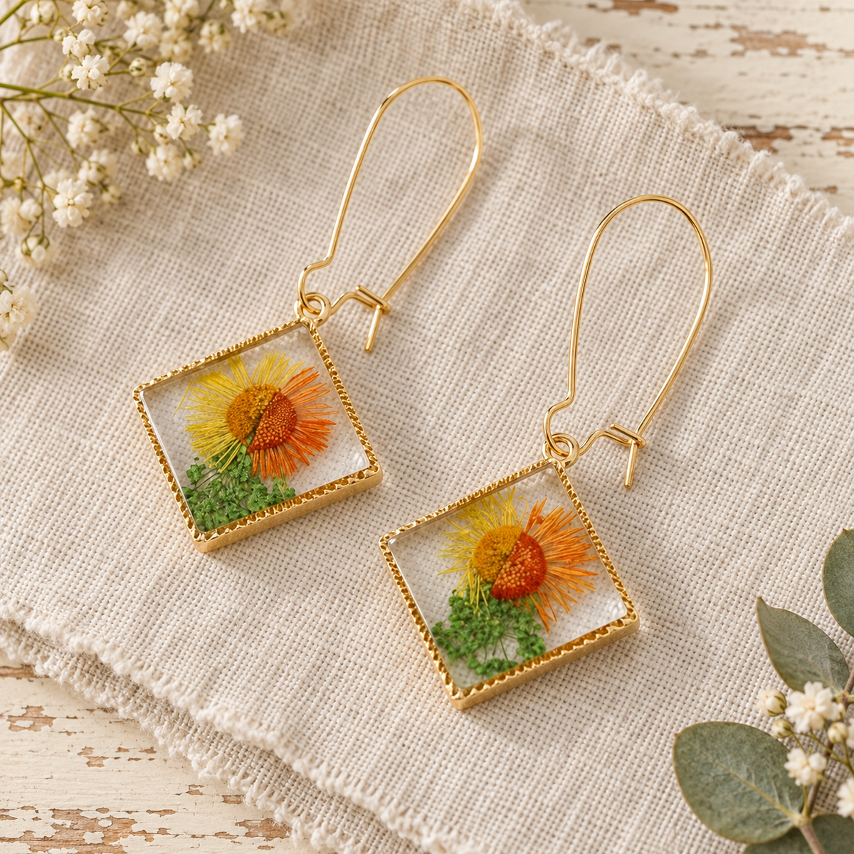 Square Dried Flower Earrings, Colorful Preserved Flower Drops, Botanical Resin Jewelry for Women