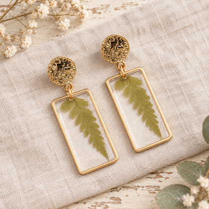 Real Dried Leaf and Flower Earrings, Rectangle Botanical Dangles, Gift for Plant Lovers