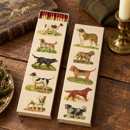 Dog Collage Matchbox – Extra-Long Candle Matches, Vintage Canine Décor, Dog Lover Gift, 8.5 × 2.5 Inches