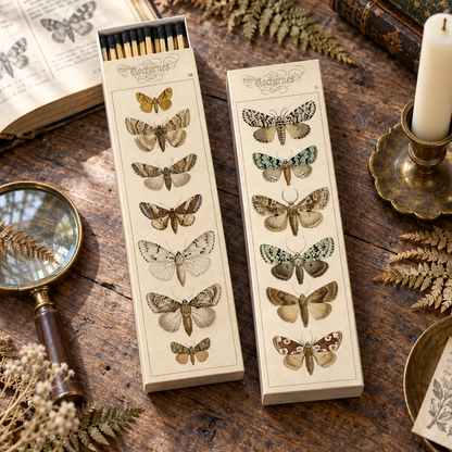 Moth Matchbox – Extra-Long Candle Matches, Cottagecore Insect Décor, Nature Lover Gift, 8.5 × 2.5 Inches