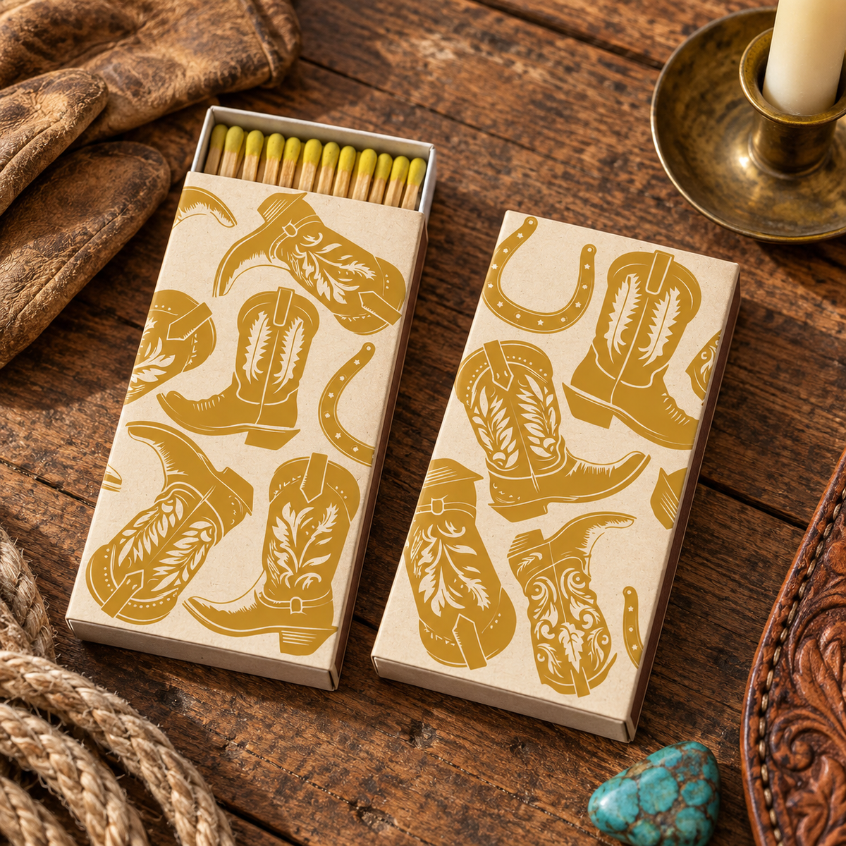 Kickin’ Boots Gold Foil Matchbox – Western Decorative Safety Matches