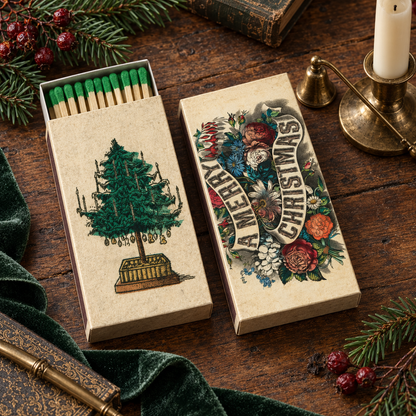Holiday Tree & “A Merry Christmas” Green Matchbox – 50 Safety Matches