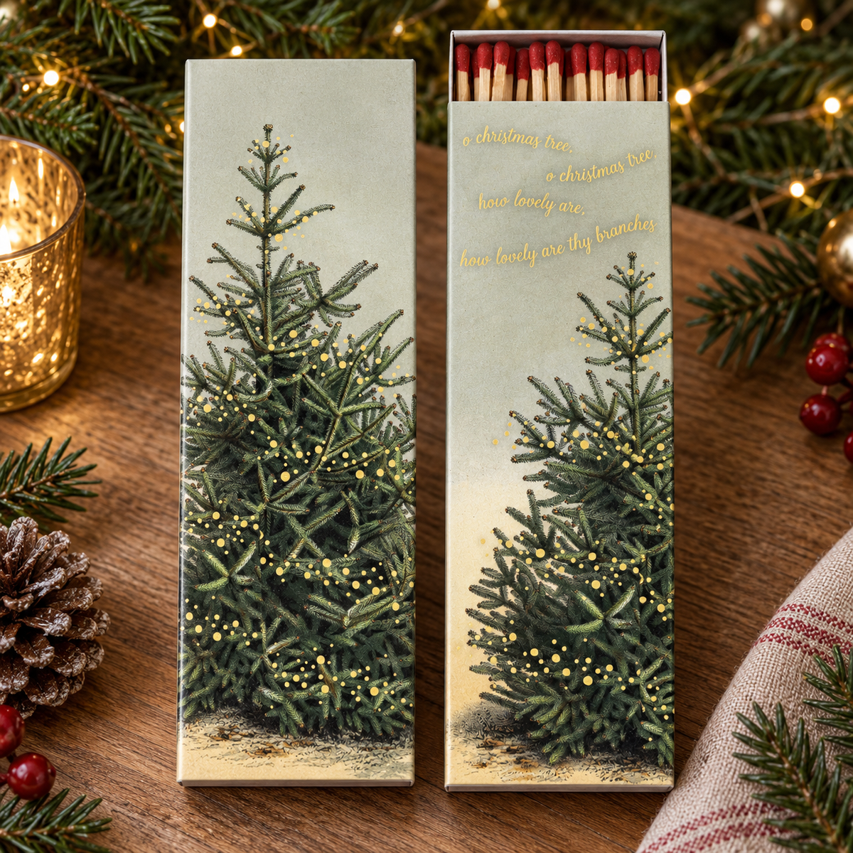 Oh, Christmas Tree Matchbox – Gold Foil Green Extra-Long Candle Matches