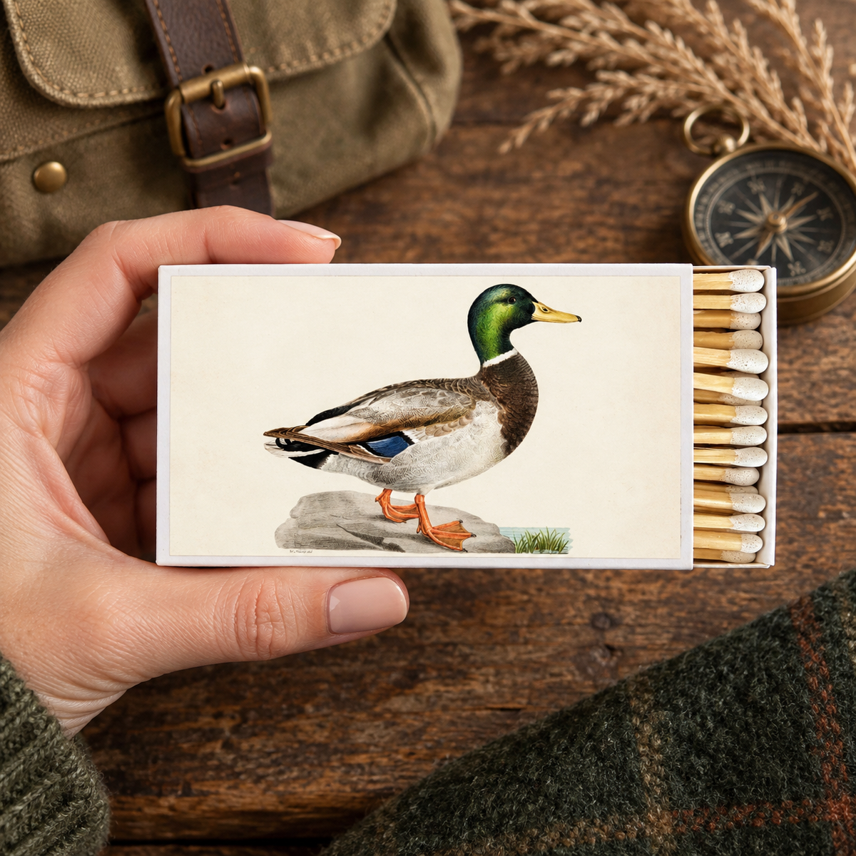Large Mallard Duck Matchbox – 4-Inch Long Matches, Rustic Cabin Décor, Outdoorsman Gift