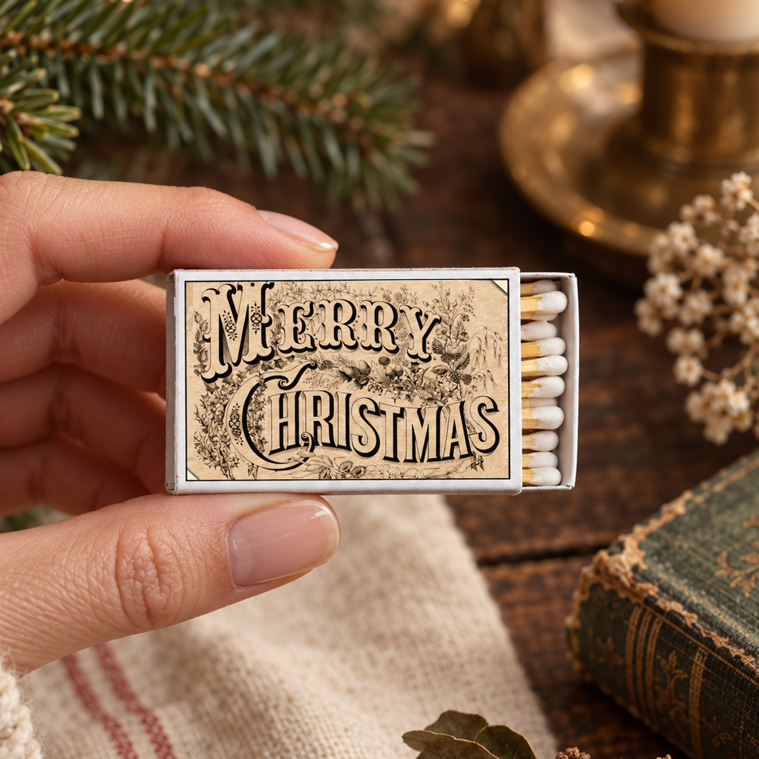 Merry Christmas Matchbox – Vintage Holiday Matches, Rustic Candle Décor, Stocking Stuffer